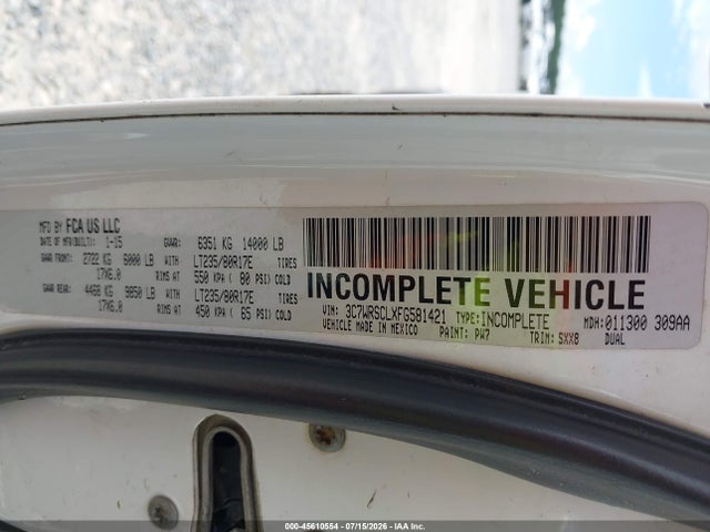 45610554 :رقم المزاد ، 3C7WRSCLXFG581421 vin ، 2015 Ram 3500 Chassis Tradesman/slt/laramie مزاد بيع