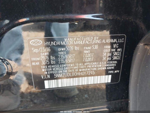 45610558 :رقم المزاد ، 5NMZUDLB0HH017215 vin ، 2017 Hyundai Santa Fe Sport 2.4l مزاد بيع
