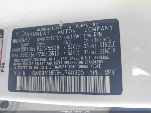 Aukcja sprzedaży 2017 Hyundai Santa Fe Se Ultimate, vin: KM8SR4HF5HU248985, numer aukcji: 45610563