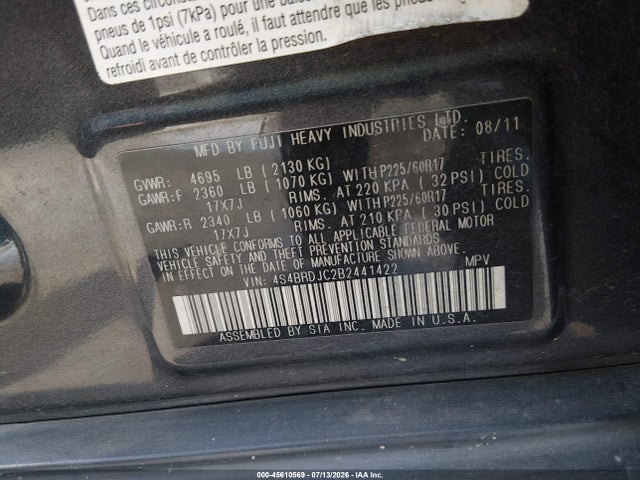 2011 Subaru Outback 3.6r Limited მანქანა იყიდება აუქციონზე, vin: 4S4BRDJC2B2441422, აუქციონის ნომერი: 45610569
