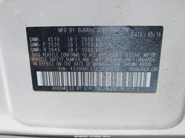 Aukcja sprzedaży 2019 Subaru Legacy 2.5i Premium, vin: 4S3BNAF61K3037832, numer aukcji: 45610573