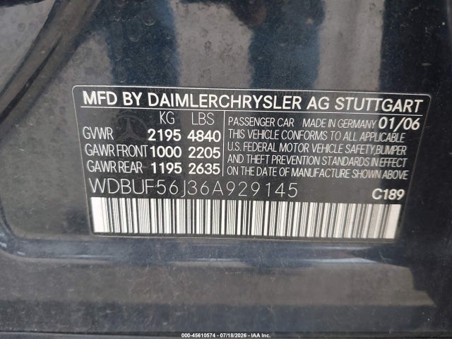 Aukcja sprzedaży 2006 Mercedes-benz E 350, vin: WDBUF56J36A929145, numer aukcji: 45610574