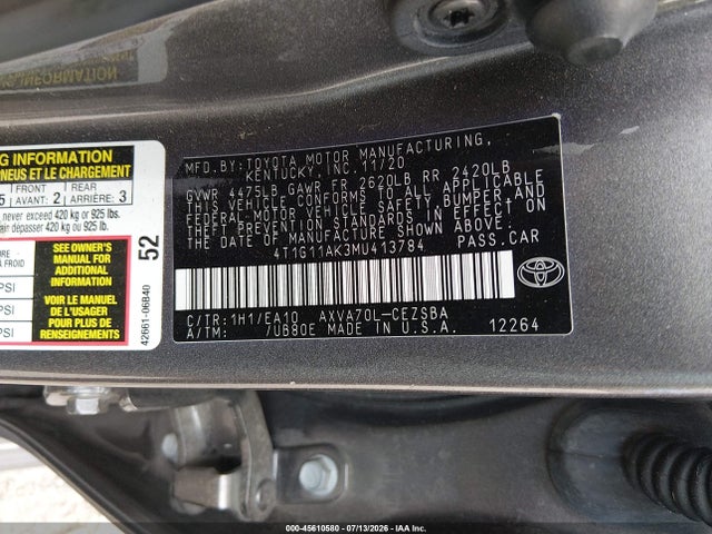 Продаж на аукціоні авто 2021 Toyota Camry Se, vin: 4T1G11AK3MU413784, номер лоту: 45610580