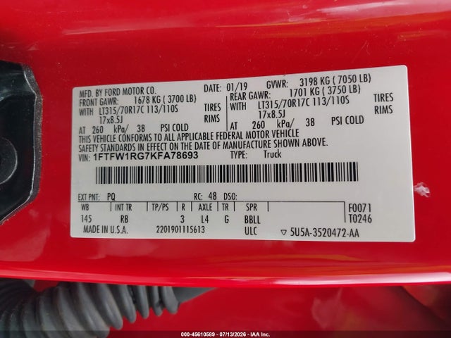 Ford F-150 Raptor 2019 1FTFW1RG7KFA78693 Image 9