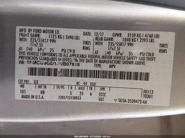 45610625 :رقم المزاد ، 1FMCU9GD1JUB07918 vin ، 2018 Ford Escape Se مزاد بيع