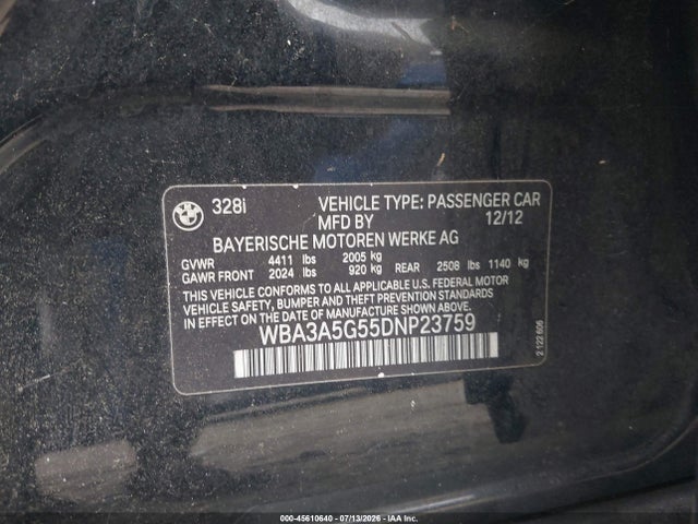 Продажа на аукционе авто 2013 Bmw 328i, vin: WBA3A5G55DNP23759, номер лота: 45610640