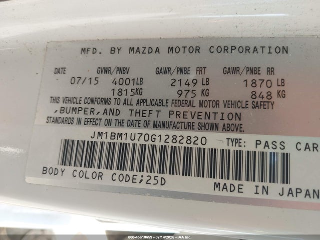 45610659 :رقم المزاد ، JM1BM1U70G1282820 vin ، 2016 Mazda Mazda3 I Sport مزاد بيع