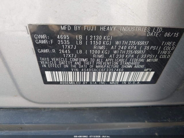 Aukcja sprzedaży 2015 Subaru Outback 2.5i Premium, vin: 4S4BSACC6F3357460, numer aukcji: 45610662