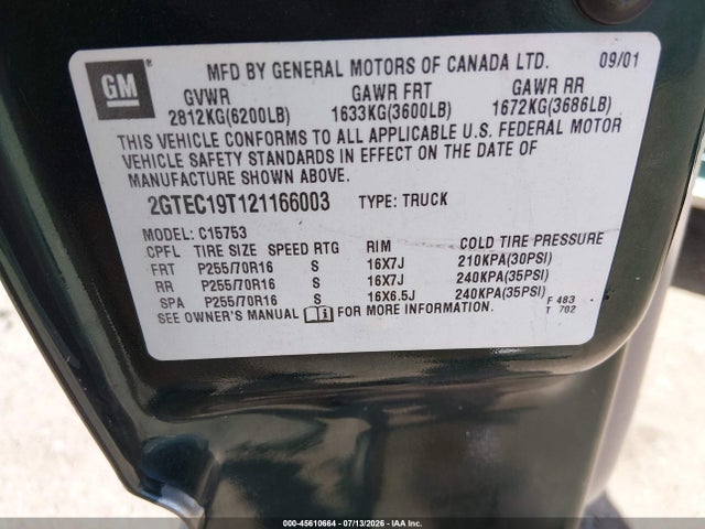45610664 :رقم المزاد ، 2GTEC19T121166003 vin ، 2002 Gmc Sierra 1500 Sle مزاد بيع