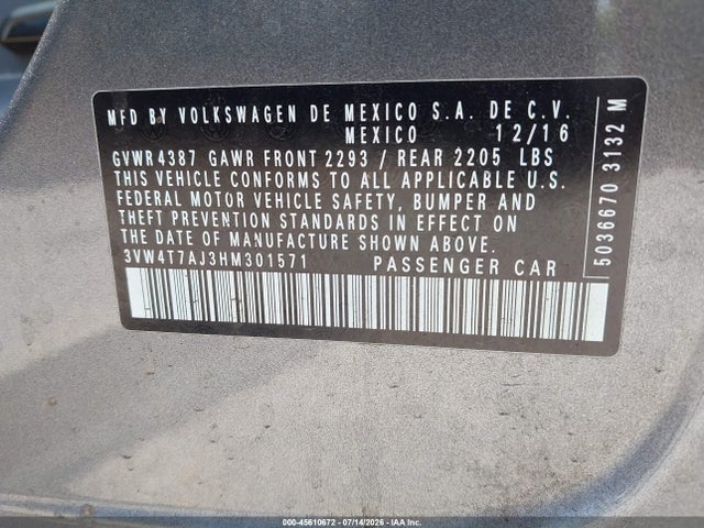 Aukcja sprzedaży 2017 Volkswagen Jetta Gli, vin: 3VW4T7AJ3HM301571, numer aukcji: 45610672