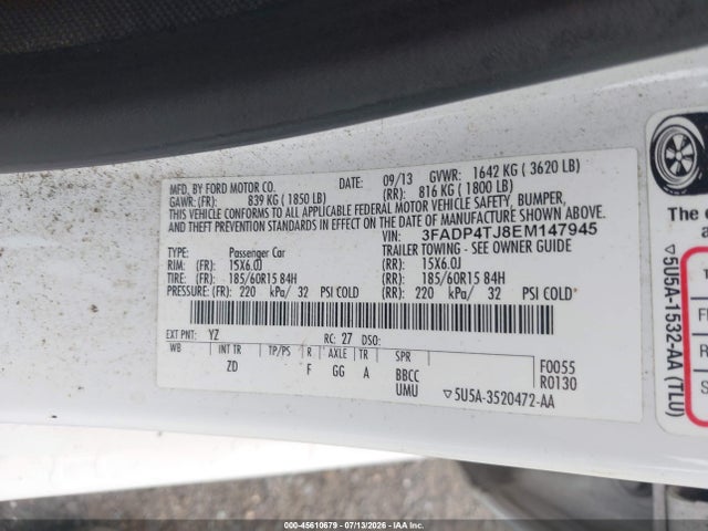 2014 Ford Fiesta S მანქანა იყიდება აუქციონზე, vin: 3FADP4TJ8EM147945, აუქციონის ნომერი: 45610679