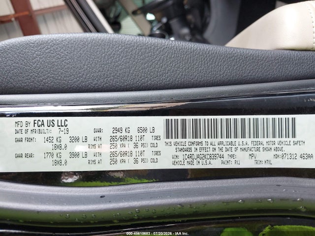 Продаж на аукціоні авто 2019 Dodge Durango Sxt Awd, vin: 1C4RDJAG2KC839744, номер лоту: 45610683
