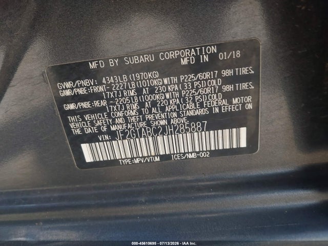 45610695 :رقم المزاد ، JF2GTABC2JH285887 vin ، 2018 Subaru Crosstrek 2.0i Premium مزاد بيع