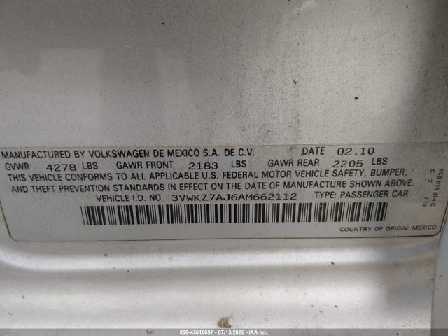 Продаж на аукціоні авто 2010 Volkswagen Jetta S, vin: 3VWKZ7AJ6AM662112, номер лоту: 45610697