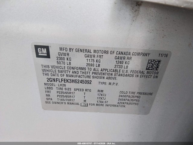 Продаж на аукціоні авто 2017 Chevrolet Equinox Lt, vin: 2GNFLFEK3H6245092, номер лоту: 45610707
