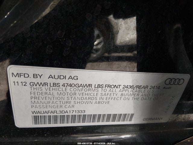 Aukcja sprzedaży 2013 Audi A4 2.0t Premium, vin: WAUAFAFL3DA171333, numer aukcji: 45610726