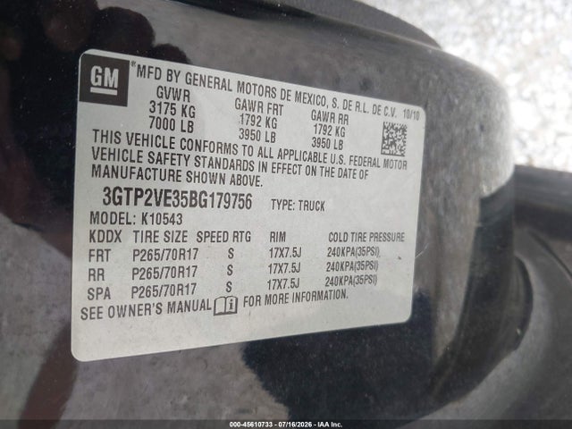 45610733 :رقم المزاد ، 3GTP2VE35BG179756 vin ، 2011 Gmc Sierra 1500 Sle مزاد بيع