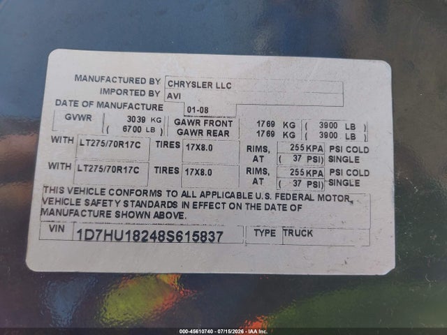 45610740 :رقم المزاد ، 1D7HU18248S615837 vin ، 2008 Dodge Ram 1500 Slt مزاد بيع