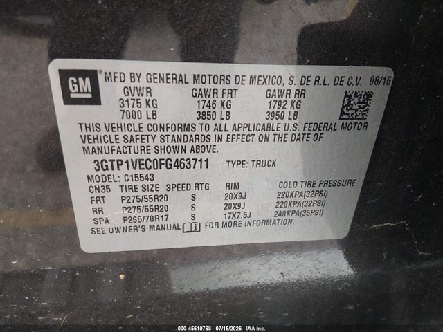45610768 :رقم المزاد ، 3GTP1VEC0FG463711 vin ، 2015 Gmc Sierra 1500 Slt مزاد بيع