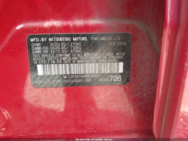 2017 Mitsubishi Mirage Es მანქანა იყიდება აუქციონზე, vin: ML32A3HJ4HH003505, აუქციონის ნომერი: 45610796