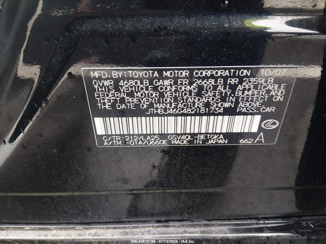 Aukcja sprzedaży 2008 Lexus Es 350, vin: JTHBJ46G482181734, numer aukcji: 45610798
