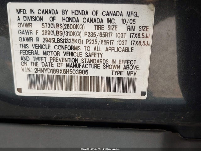 45610836 :رقم المزاد ، 2HNYD189X6H503906 vin ، 2006 Acura Mdx مزاد بيع