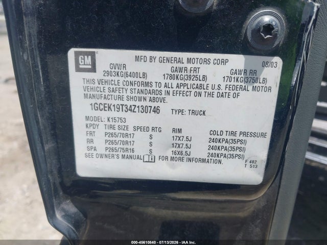 2004 Chevrolet Silverado 1500 Z71 მანქანა იყიდება აუქციონზე, vin: 1GCEK19T34Z130746, აუქციონის ნომერი: 45610840