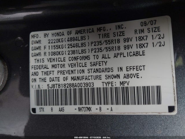 45610844 :رقم المزاد ، 5J8TB18288A003903 vin ، 2008 Acura Rdx مزاد بيع