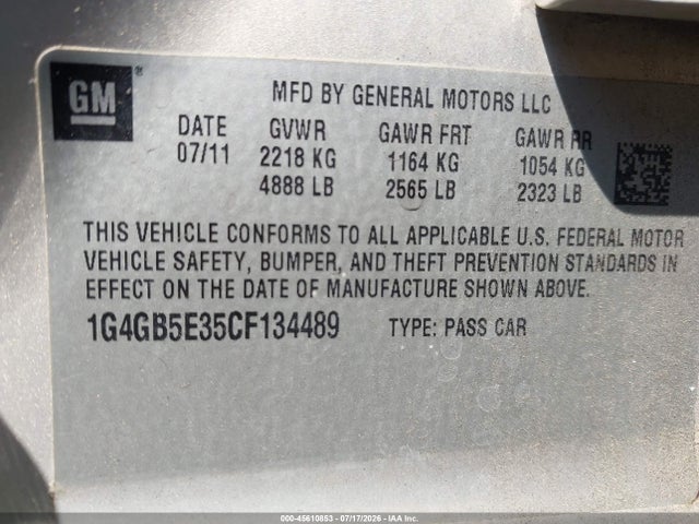 2012 Buick Lacrosse Convenience Group მანქანა იყიდება აუქციონზე, vin: 1G4GB5E35CF134489, აუქციონის ნომერი: 45610853