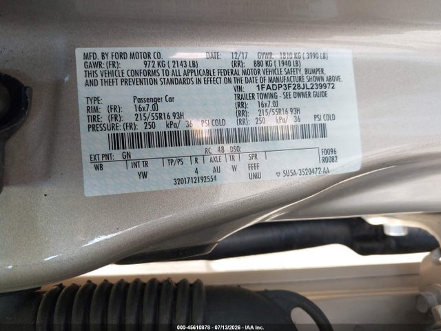 2018 Ford Focus Se მანქანა იყიდება აუქციონზე, vin: 1FADP3F28JL239972, აუქციონის ნომერი: 45610878