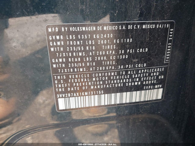 2019 Volkswagen Tiguan 2.0t Se/2.0t Sel/2.0t Sel R-line/2.0t Sel R-line Black მანქანა იყიდება აუქციონზე, vin: 3VV2B7AX1KM131155, აუქციონის ნომერი: 45610884