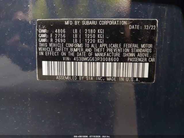 Aukcja sprzedaży 2023 Subaru Legacy Sport, vin: 4S3BWGG63P3008600, numer aukcji: 45610896