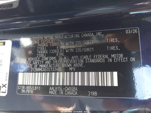 45610900 :رقم المزاد ، 2T2BBMCA5TC133485 vin ، 2026 Lexus Rx 350h Premium+ مزاد بيع