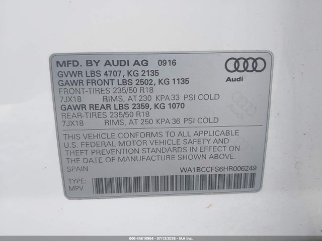 Продаж на аукціоні авто 2017 Audi Q3 2.0t Premium, vin: WA1BCCFS6HR006249, номер лоту: 45610904