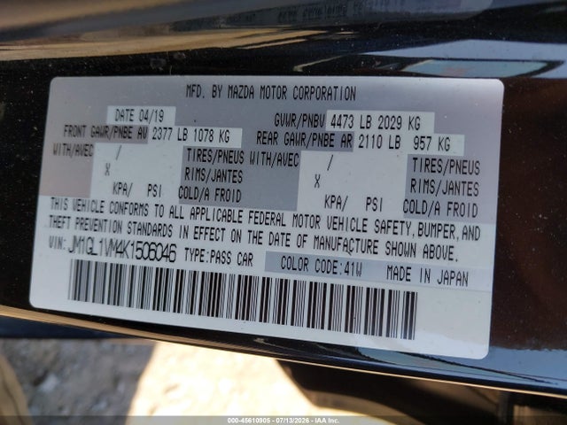 45610905 :رقم المزاد ، JM1GL1VM4K1506046 vin ، 2019 Mazda Mazda6 Touring مزاد بيع