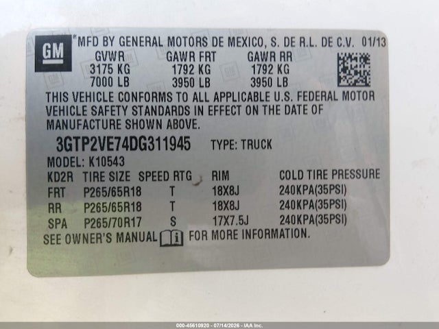Aukcja sprzedaży 2013 Gmc Sierra 1500 Sle, vin: 3GTP2VE74DG311945, numer aukcji: 45610920