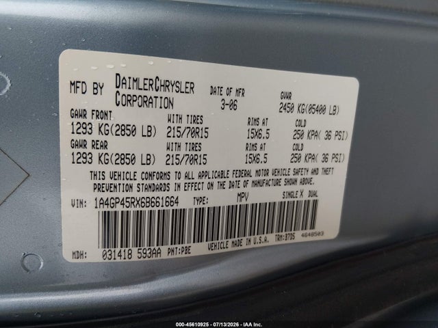 Продаж на аукціоні авто 2006 Chrysler Town & Country, vin: 1A4GP45RX6B661664, номер лоту: 45610925