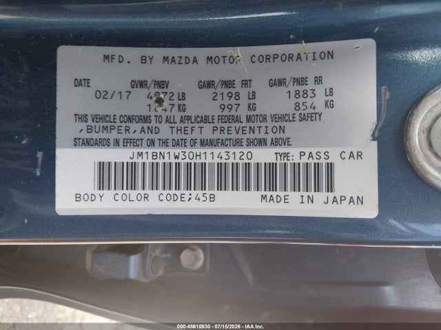 Aukcja sprzedaży 2017 Mazda Mazda3 Grand Touring, vin: JM1BN1W30H1143120, numer aukcji: 45610930