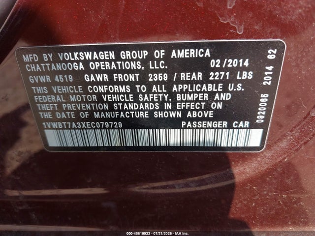 Volkswagen Passat 1.8t Se 2014 1VWBT7A3XEC079729 Image 9