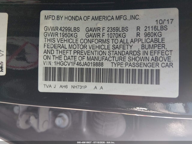 Продажа на аукционе авто 2018 Honda Accord Ex, vin: 1HGCV1F46JA019888, номер лота: 45610937