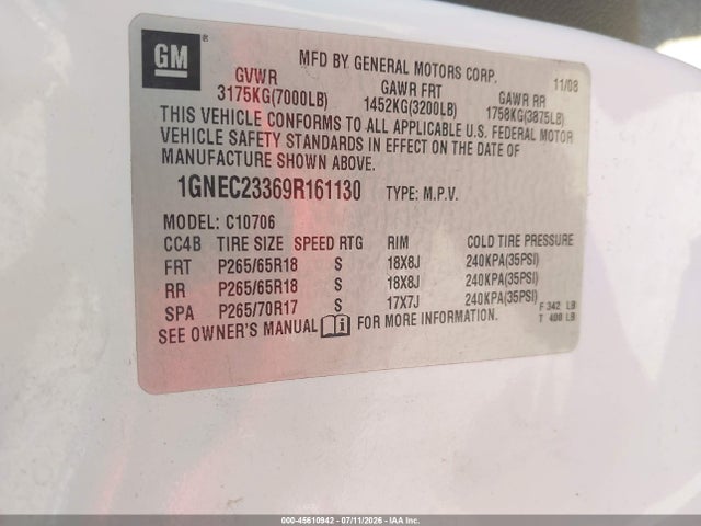 45610942 :رقم المزاد ، 1GNEC23369R161130 vin ، 2009 Chevrolet Tahoe Lt1 مزاد بيع