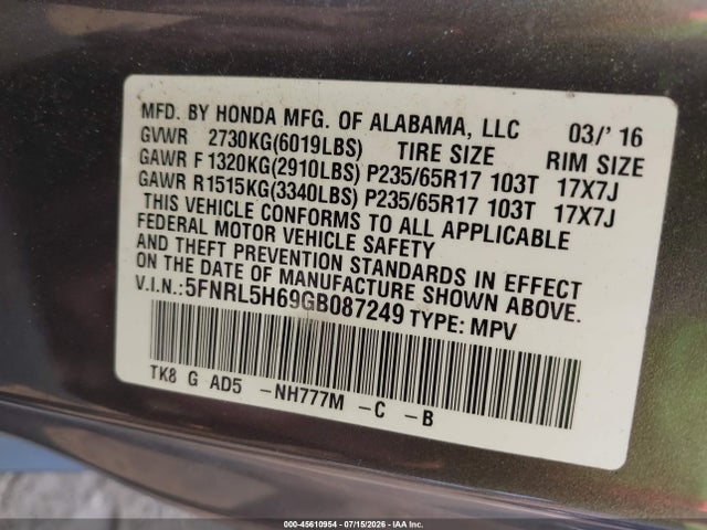 Aukcja sprzedaży 2016 Honda Odyssey Ex-l, vin: 5FNRL5H69GB087249, numer aukcji: 45610954