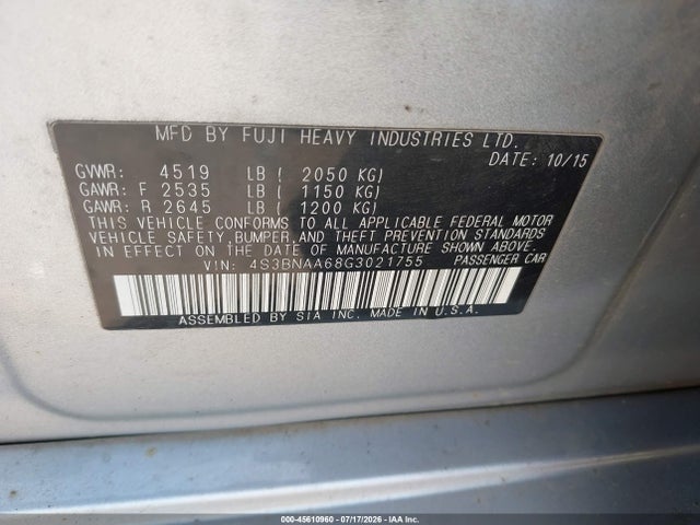 Продаж на аукціоні авто 2016 Subaru Legacy 2.5i, vin: 4S3BNAA68G3021755, номер лоту: 45610960