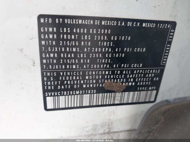 45610980 :رقم المزاد ، 3VVVC7B29SM011830 vin ، 2025 Volkswagen Taos 1.5t Se مزاد بيع