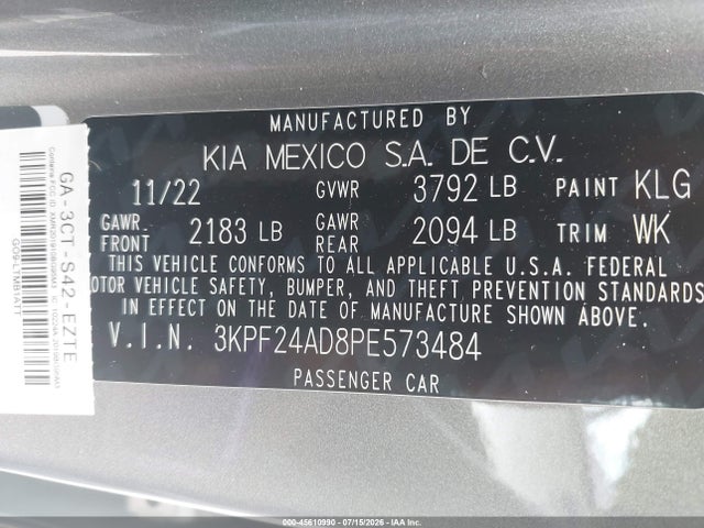 Aukcja sprzedaży 2023 Kia Forte Lxs, vin: 3KPF24AD8PE573484, numer aukcji: 45610990