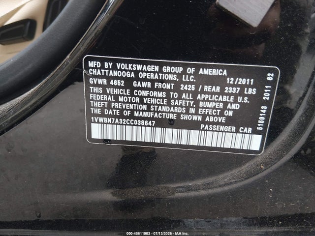 45611003 :رقم المزاد ، 1VWBN7A32CC038647 vin ، 2012 Volkswagen Passat 2.0l Tdi Se مزاد بيع