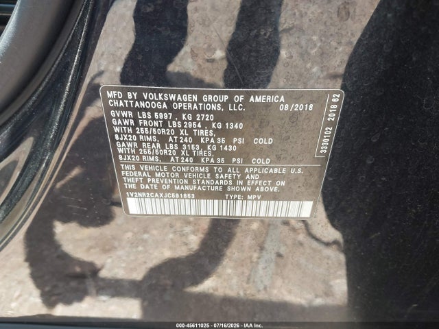 2018 Volkswagen Atlas 3.6l V6 Sel Premium მანქანა იყიდება აუქციონზე, vin: 1V2NR2CAXJC591853, აუქციონის ნომერი: 45611025