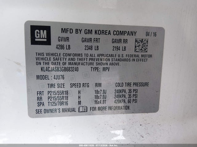 Aukcja sprzedaży 2016 Buick Encore, vin: KL4CJASB3GB683240, numer aukcji: 45611026