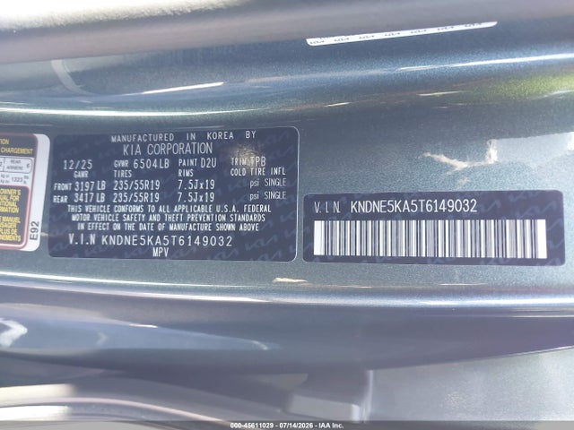 Продажа на аукционе авто 2026 Kia Carnival Mpv Hybrid Sx, vin: KNDNE5KA5T6149032, номер лота: 45611029