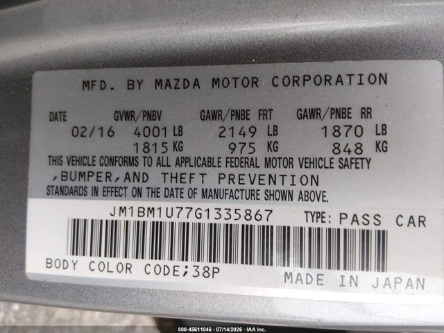 2016 Mazda Mazda3 I Sport მანქანა იყიდება აუქციონზე, vin: JM1BM1U77G1335867, აუქციონის ნომერი: 45611046